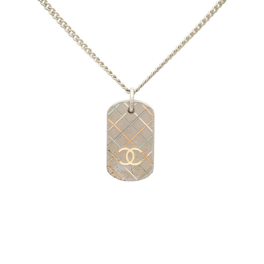 Chanel Coco Mark Dog Tag Chain Necklace Pendant P05 Silver Multicolor Metal W...
